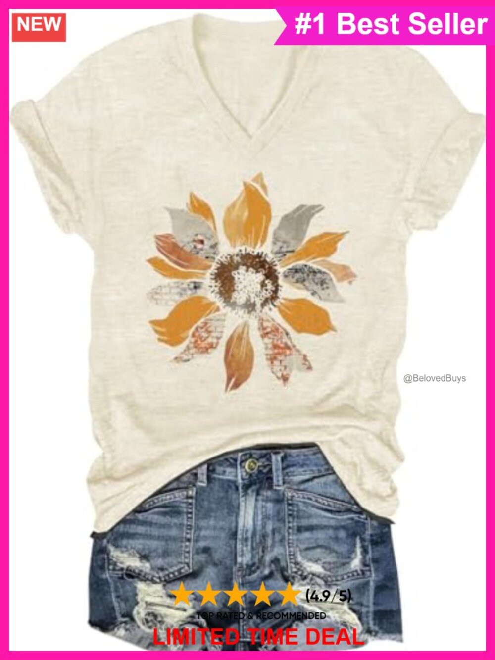 Women's V-Neck Floral Graphic Tee Short Sleeve Casual Summer T-Shirt